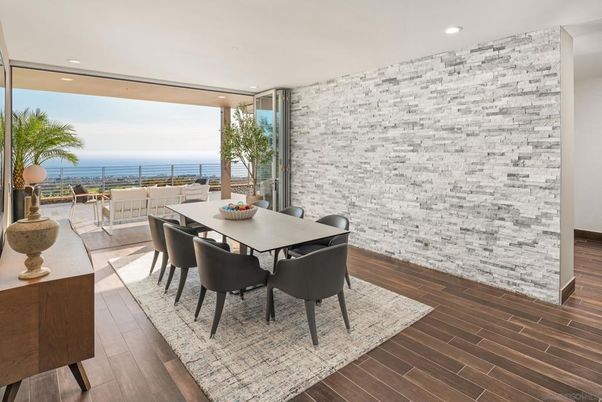 Dining room, Interior, Recessed Lighting, Stone Walls, Water, Wood Texture Flooring