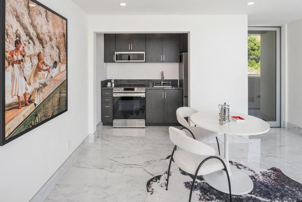 Interior, Kitchen, Marble, Recessed Lighting, Stainless Steel Appliances