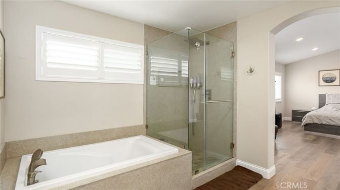 Bathroom, Bedroom, Glass Shower, Interior, Recessed Lighting, Wood Texture Flooring