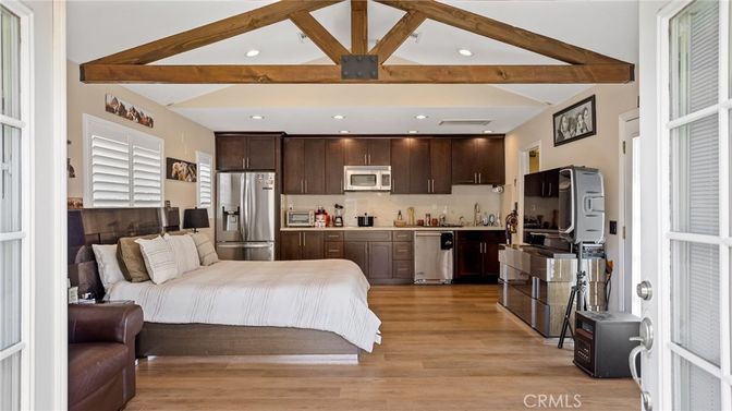 Interior, Kitchen, Recessed Lighting, Stainless Steel Appliances, Wooden Beams, Wood Texture Flooring