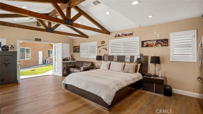 Bedroom, Interior, Recessed Lighting, Wooden Beams, Wood Texture Flooring
