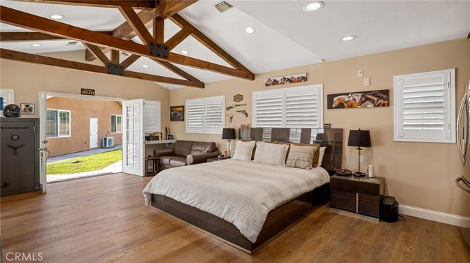 Bedroom, Interior, Recessed Lighting, Wooden Beams, Wood Texture Flooring