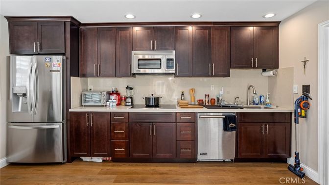 Interior, Kitchen, Recessed Lighting, Stainless Steel Appliances, Wood Texture Flooring