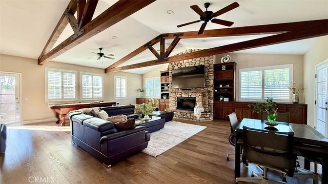 Billiard Table, Dining room, Fireplace, Game Room, Interior, Living room, Recessed Lighting, Wooden Beams, Wood Texture Flooring