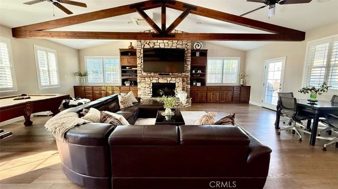 Billiard Table, Dining room, Fireplace, Game Room, Interior, Living room, Stone Walls, Wooden Beams, Wood Texture Flooring