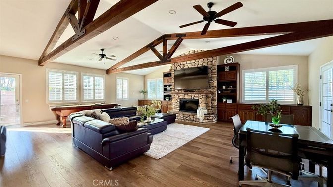 Billiard Table, Dining room, Fireplace, Game Room, Interior, Living room, Recessed Lighting, Wooden Beams, Wood Texture Flooring
