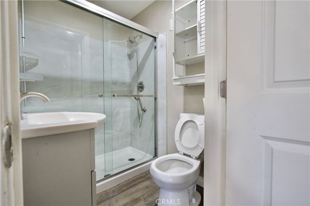 Bathroom, Glass Shower, Interior, Wood Texture Flooring