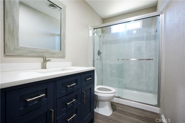 Bathroom, Glass Shower, Interior, Wood Texture Flooring