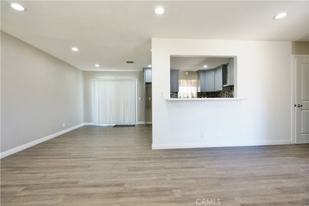 Empty room, Interior, Kitchen, Recessed Lighting, Wood Texture Flooring