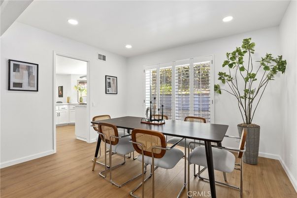 Dining room, Interior, Recessed Lighting, Wood Texture Flooring