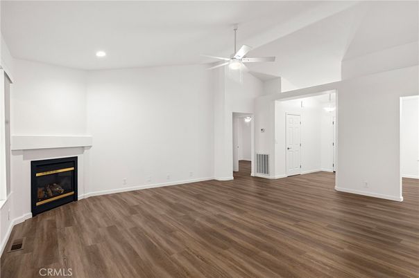 Empty room, Fireplace, Interior, Recessed Lighting, Wood Texture Flooring
