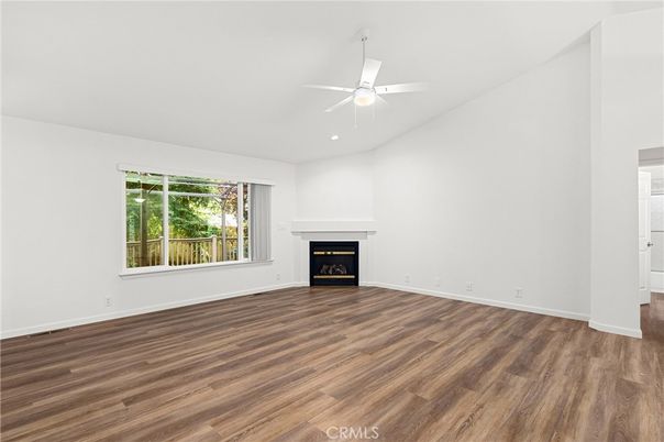 Empty room, Fireplace, Interior, Recessed Lighting, Wood Texture Flooring