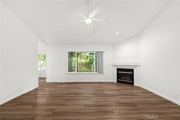 Empty room, Fireplace, Interior, Recessed Lighting, Wood Texture Flooring