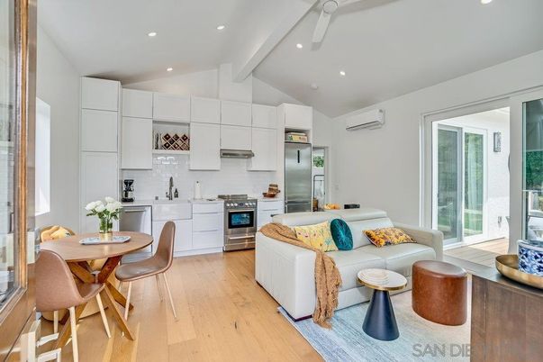 Dining room, Interior, Kitchen, Living room, Recessed Lighting, Stainless Steel Appliances, Wood Texture Flooring
