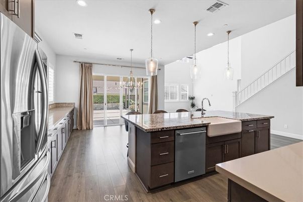 Chandelier, Interior, Kitchen, Pendant Lights, Recessed Lighting, Wood Texture Flooring