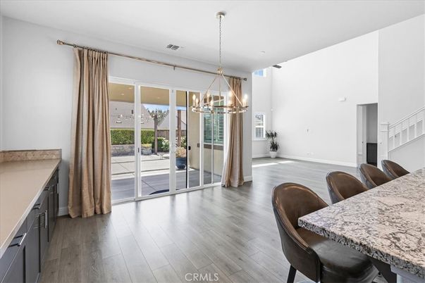 Chandelier, Dining room, Empty room, Interior, Pendant Lights, Wood Texture Flooring