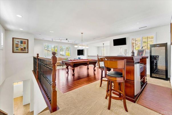 Billiard Table, Fireplace, Game Room, Interior, Pendant Lights, Recessed Lighting, Wood Texture Flooring