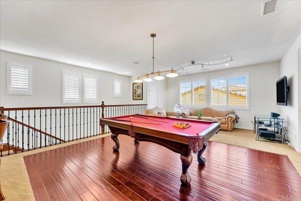 Billiard Table, Game Room, Interior, Pendant Lights, Recessed Lighting, Wood Texture Flooring