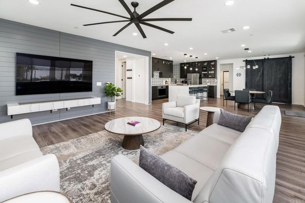 Dining room, Interior, Kitchen, Living room, Pendant Lights, Recessed Lighting, Stainless Steel Appliances, Wood Texture Flooring