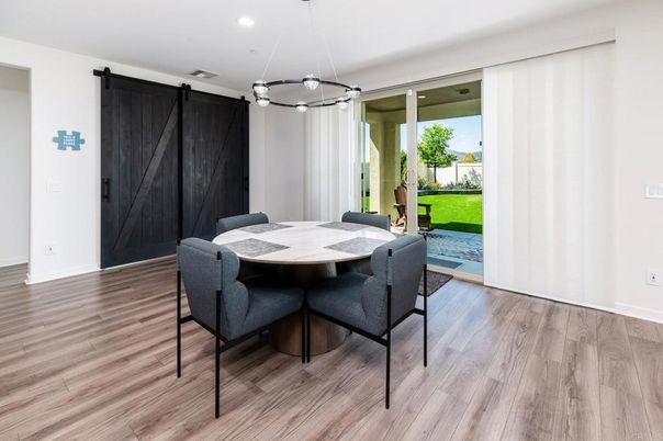 Dining room, Interior, Pendant Lights, Recessed Lighting, Wood Texture Flooring