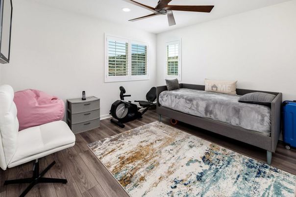 Bedroom, Fitness Equipment, Interior, Recessed Lighting, Wood Texture Flooring