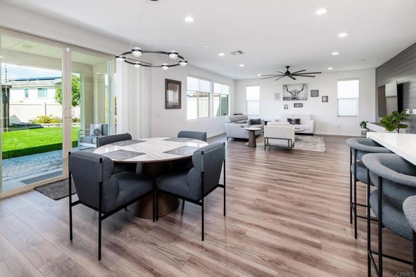Dining room, Interior, Living room, Pendant Lights, Recessed Lighting, Wood Texture Flooring