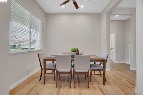 Dining room, Interior, Recessed Lighting, Wood Texture Flooring