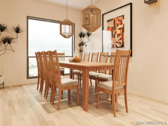 Dining room, Interior, Pendant Lights, Wood Texture Flooring