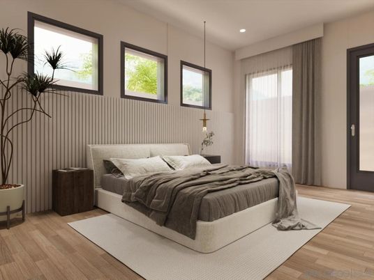 Bedroom, Interior, Pendant Lights, Recessed Lighting, Wood Texture Flooring