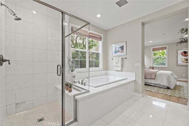 Bathroom, Bedroom, Glass Shower, Interior, Recessed Lighting, Wood Texture Flooring
