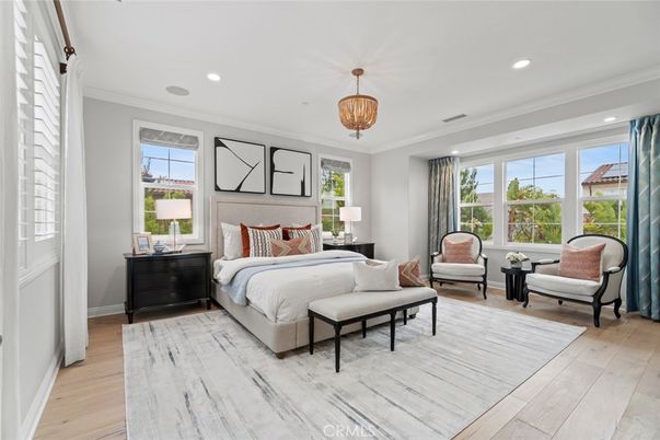 Bedroom, Chandelier, Interior, Recessed Lighting, Wood Texture Flooring