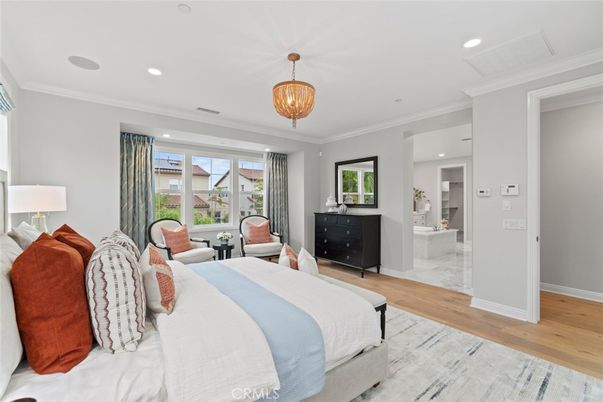 Bedroom, Chandelier, Interior, Marble, Recessed Lighting, Wood Texture Flooring