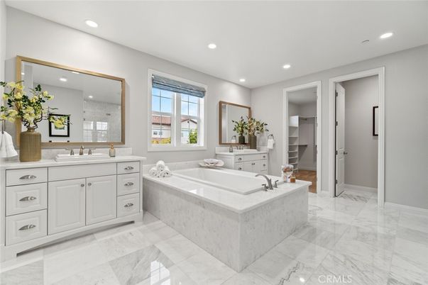 Bathroom, Dual Sink Vanities, Interior, Marble, Recessed Lighting