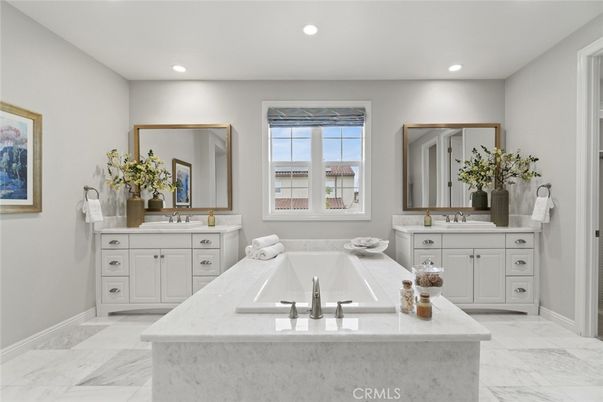 Bathroom, Dual Sink Vanities, Interior, Marble, Recessed Lighting