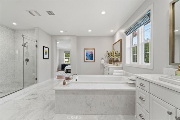 Bathroom, Glass Shower, Interior, Marble, Recessed Lighting