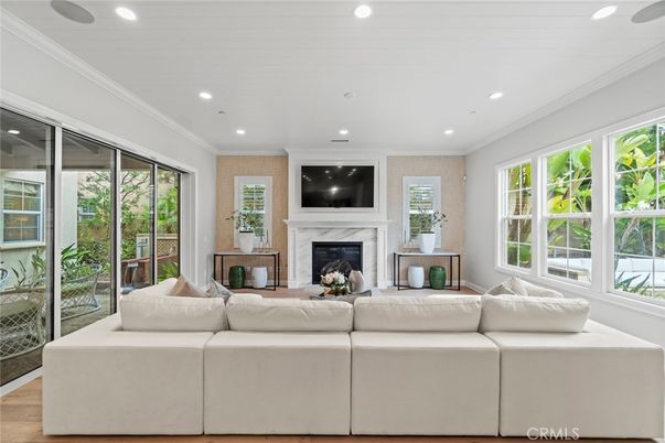 Fireplace, Interior, Living room, Recessed Lighting, Wood Texture Flooring