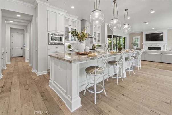 Fireplace, Interior, Kitchen, Living room, Pendant Lights, Recessed Lighting, Wood Texture Flooring
