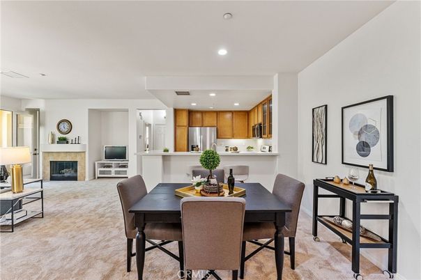 Dining room, Fireplace, Interior, Kitchen, Recessed Lighting, Stainless Steel Appliances