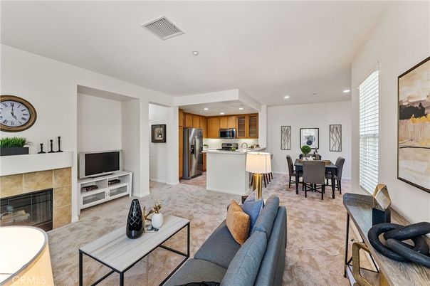 Dining room, Fireplace, Interior, Kitchen, Living room, Recessed Lighting, Stainless Steel Appliances