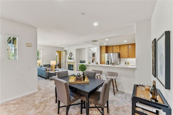 Dining room, Fireplace, Interior, Kitchen, Living room, Recessed Lighting, Stainless Steel Appliances