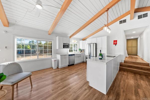 Interior, Kitchen, Pendant Lights, Recessed Lighting, Stainless Steel Appliances, Wooden Beams, Wood Texture Flooring