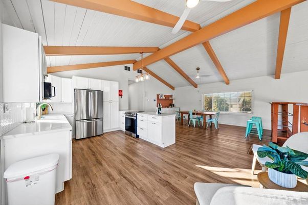 Dining room, Interior, Kitchen, Pendant Lights, Stainless Steel Appliances, Wooden Beams, Wood Texture Flooring