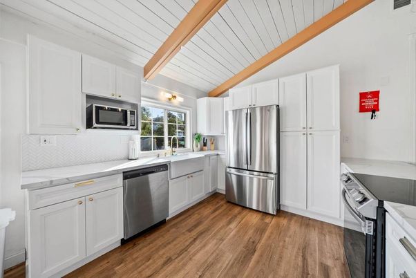 Interior, Kitchen, Stainless Steel Appliances, Wooden Beams, Wood Texture Flooring
