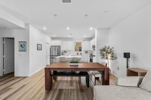 Dining room, Interior, Kitchen, Recessed Lighting, Stainless Steel Appliances, Wood Texture Flooring