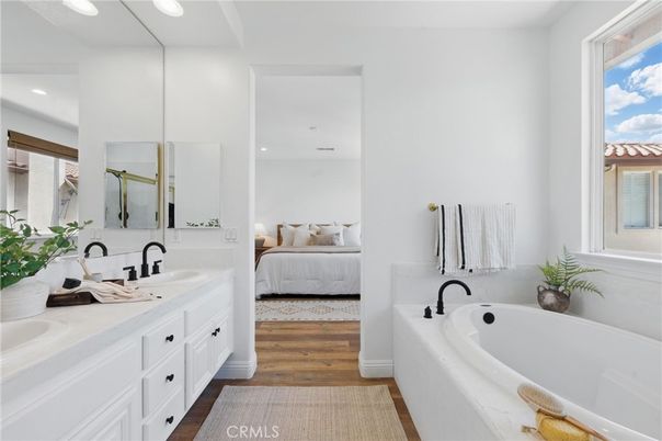 Bathroom, Bedroom, Dual Sink Vanities, Interior, Recessed Lighting, Wood Texture Flooring