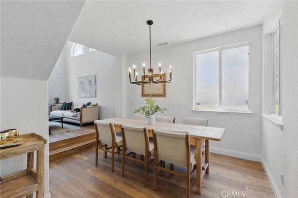 Dining room, Interior, Pendant Lights, Wood Texture Flooring
