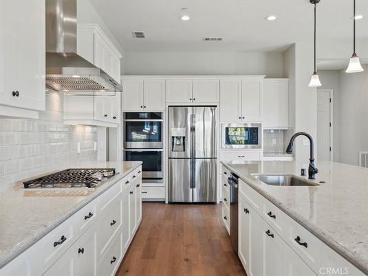 Interior, Kitchen, Pendant Lights, Recessed Lighting, Stainless Steel Appliances, Wood Texture Flooring
