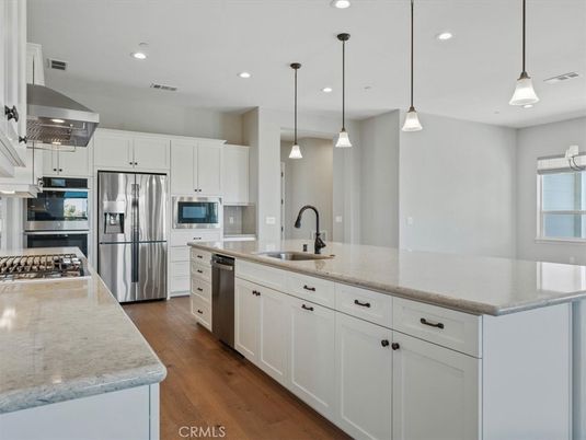 Interior, Kitchen, Pendant Lights, Recessed Lighting, Stainless Steel Appliances, Wood Texture Flooring