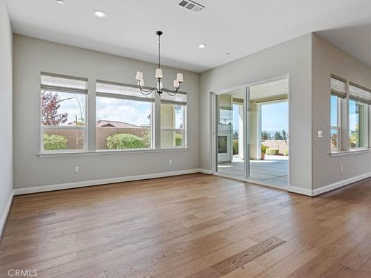 Chandelier, Empty room, Interior, Recessed Lighting, Wood Texture Flooring