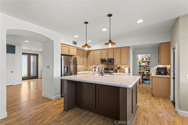 Interior, Kitchen, Pendant Lights, Recessed Lighting, Stainless Steel Appliances, Wood Texture Flooring
